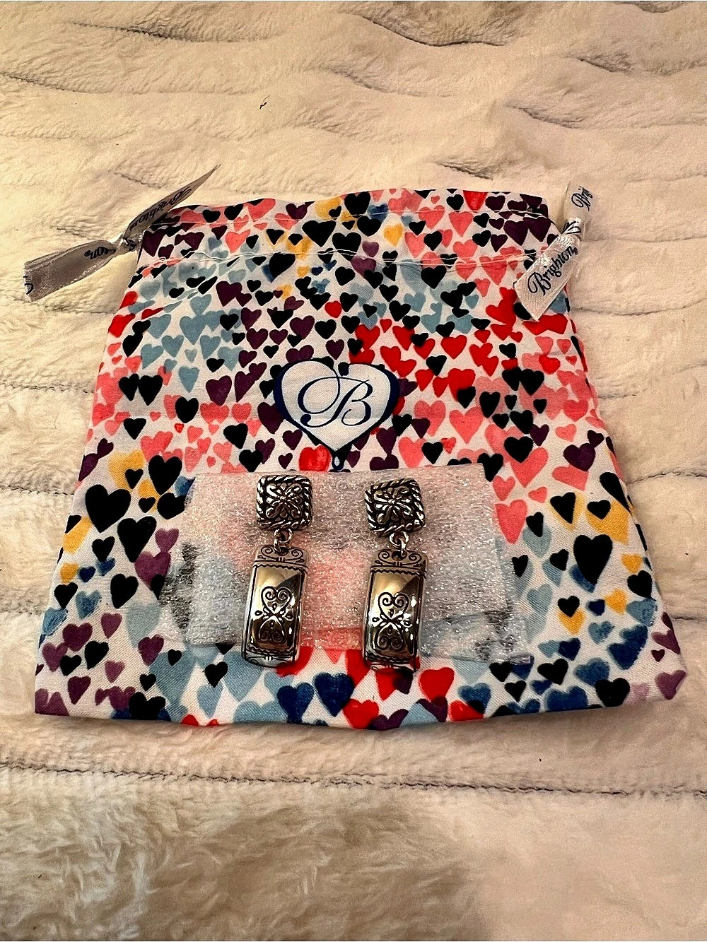 Brighton Vanity Post Dangle Earrings Heart Print Silver